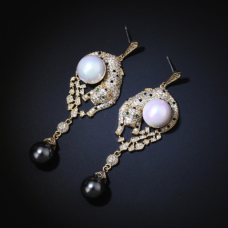 Новые модные серьги с искусственным жемчугом и черным пятном, леопардовые серьги в стиле барокко, микро-набор, ювелирные изделия с кубическим цирконием, банкетные серьги