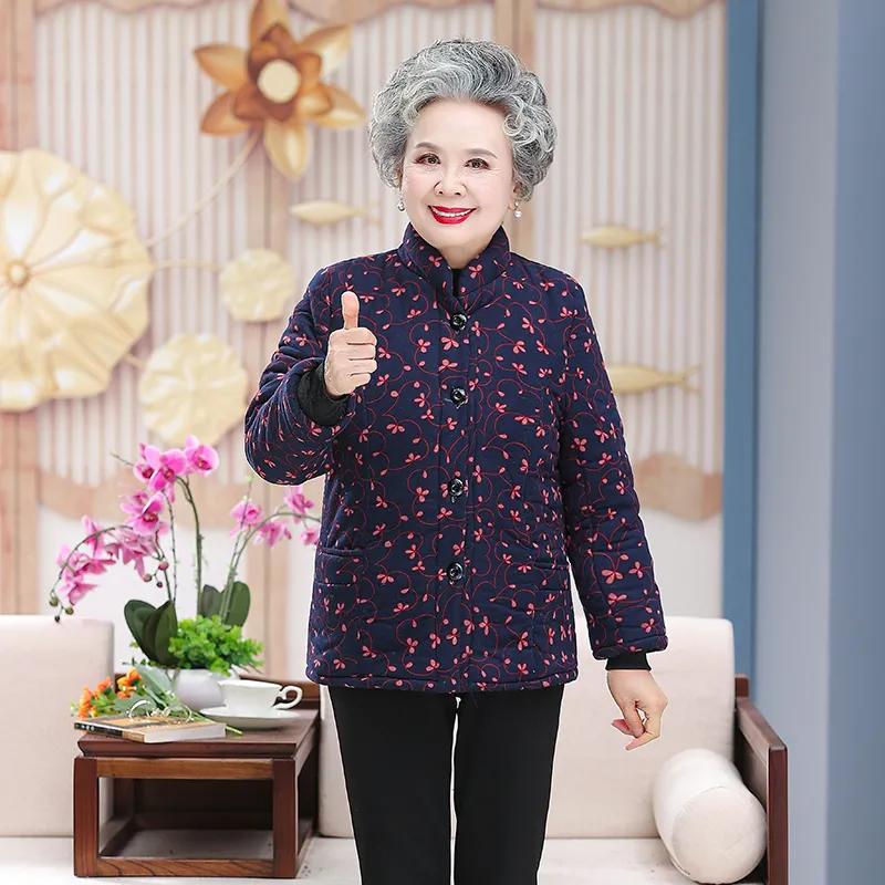 Older Women Winter Jacket Autumn Velvet Mom Outerwear Warm Cotton Padded Jacket Plus Size Winter Loose Cotton Coat