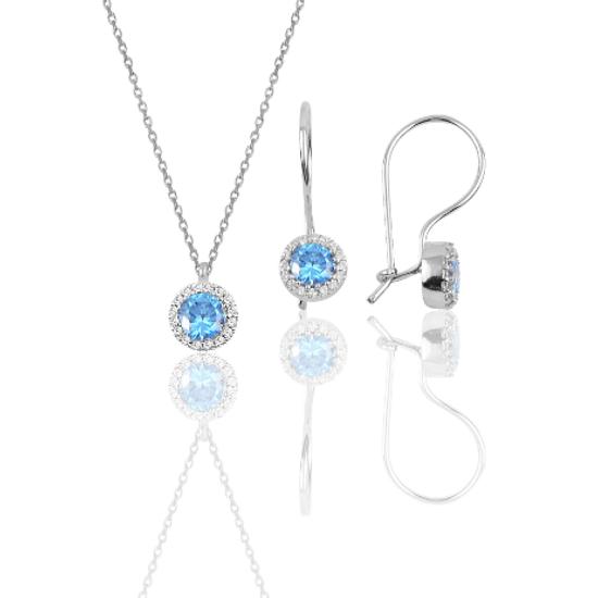 Silver Rhodium-plated Aquamarine Stone, Diamond-mount Necklace and Earring Set