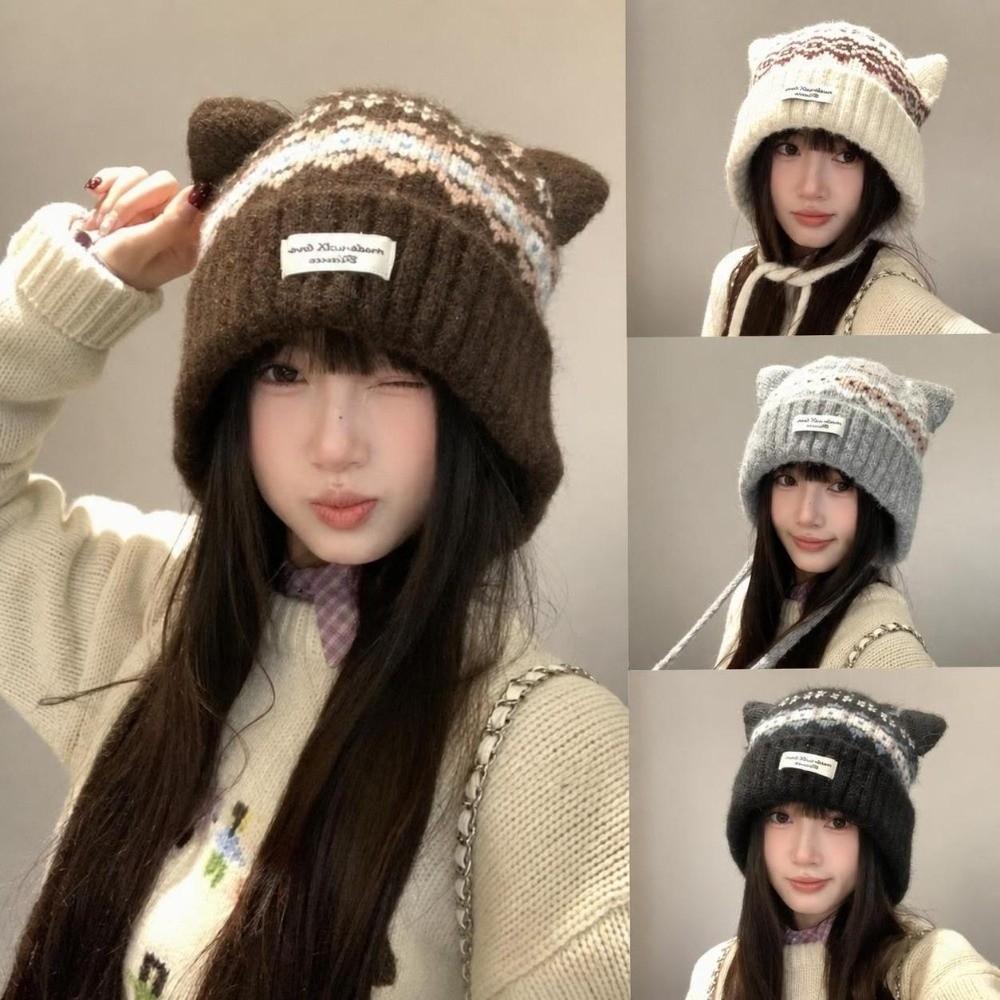 Cat Ear Strap Beanie Hat Windproof Winter Pullover Hat Casual Knitted Woolen Cap for Women Girls