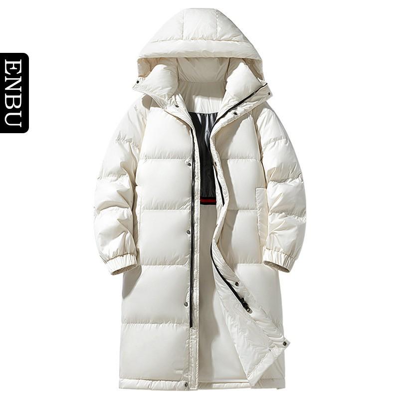 Mens Mid-Length Down Jacket Winter Warm Hooded Parka Outdoor Ski Hiking Loose Fit Solid Color 86-90% White Duck