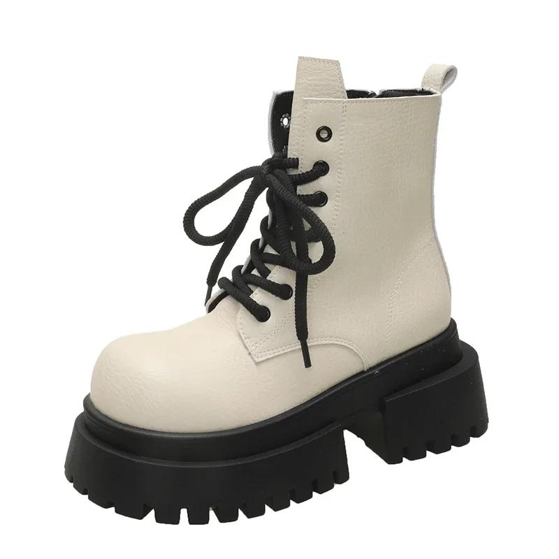 Модные 7 см Женские Ботильоны на Толстом Каблуке на Шнуровке Черные Массивные Ботинки Новые 2024 Зимние Кожаные Ботинки Женские Ботинки на Платформе Панк Высокий Каблук