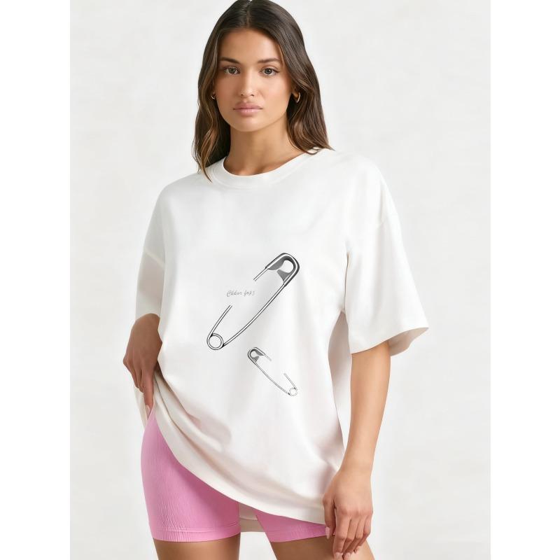 Oversized T Shirt Black Safety Pin Print With Text Casual Streetwear For Women