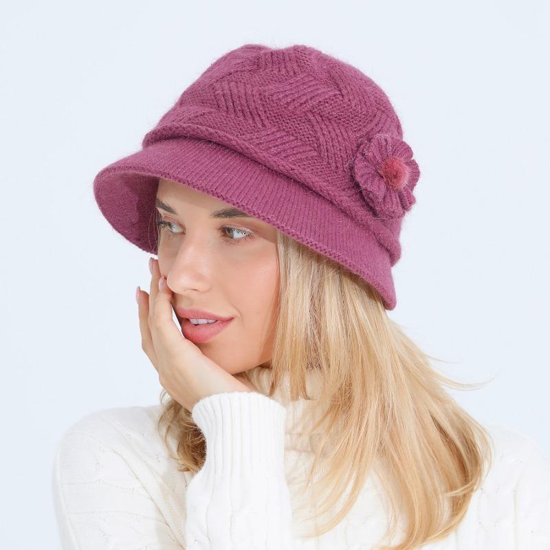 Knitted Hat Women's Autumn Winter Flower Fashion Mom Rabbit Wool Pot Hats & Caps with Thick Velvet Warmth Hat