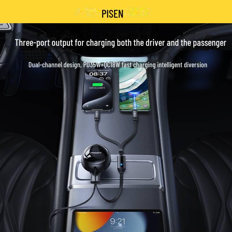 PISEN Super Fast Charging Car Charger with Retractable Cable - Compatible with Apple and Huawei Devices