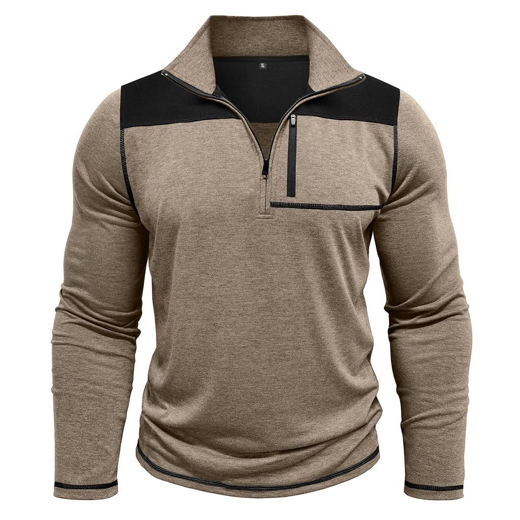 Мужские топы с воротником-стойкой, длинными рукавами, футболки контрастных цветов, свитшоты с застежкой-молнией и нагрудным карманом, повседневная спортивная одежда на осень и весну