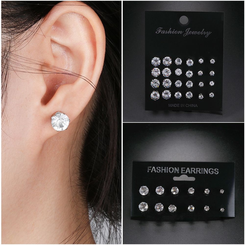 6/12Pairs Elegant Wedding Jewelry Gift Geometric Crystal Stud Earrings Set Round Zircon Alloy Silver