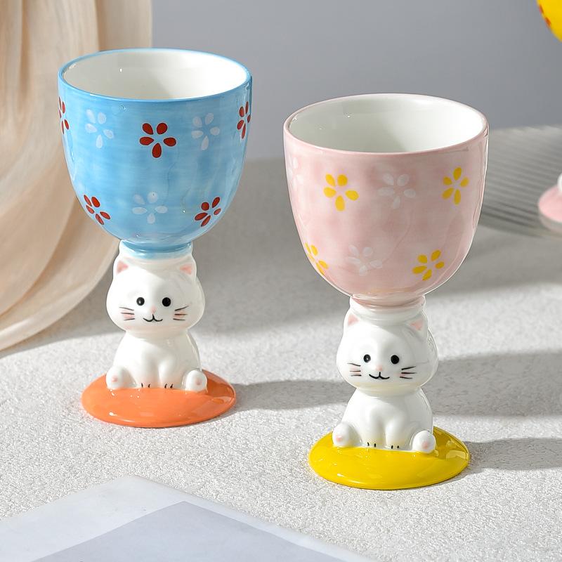 Cat High Legged Ice Cream Cup Ceramic Girls Sweet Wine Glass High Value Design Niche Personality Creative Ice Cream Cup