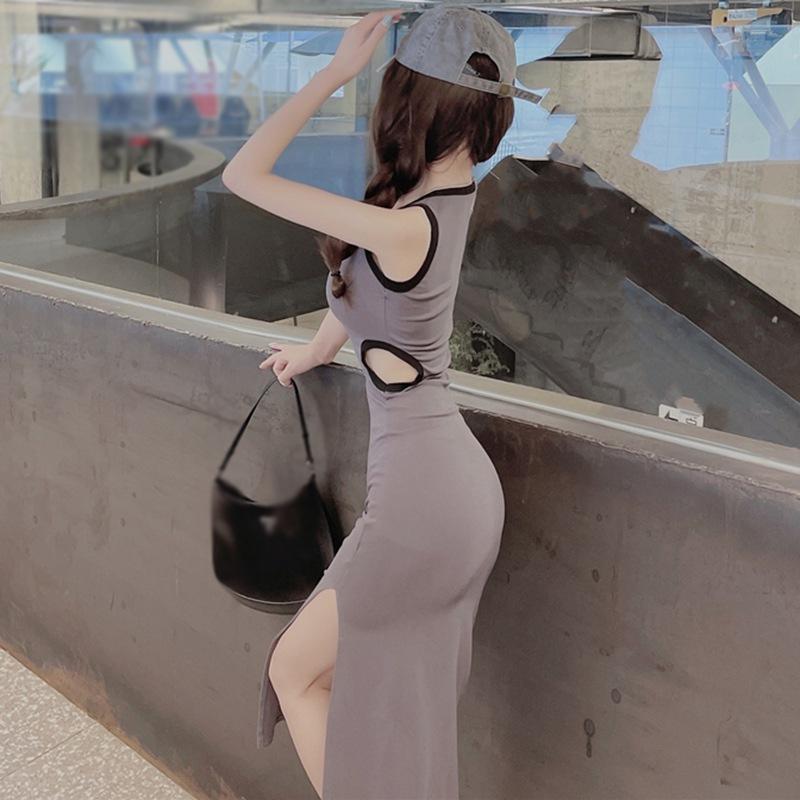 Сумка на бедрах, облегающее облегающее платье, один размер, женское платье с разрезом по бокам, круглый вырез, без рукавов