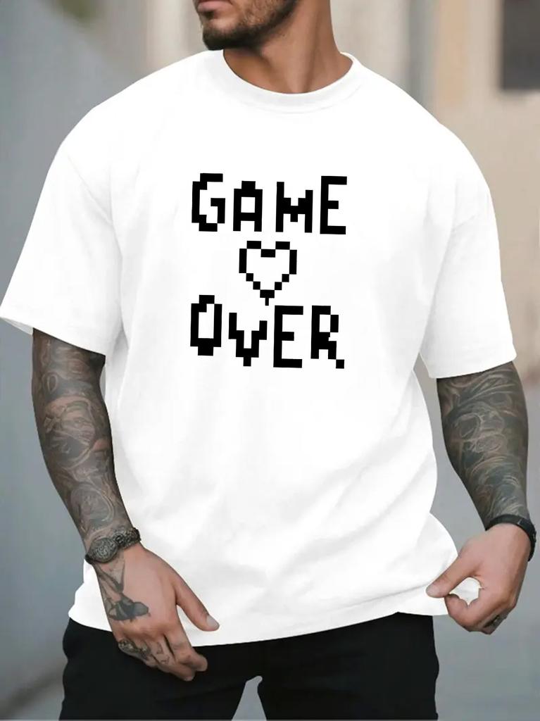 Unisex Crew Neck Tee Pixel Game Over Heart Text Print Short Sleeve Loose Oversized Male Daily Casual Soft Breathable Basic Wear Top