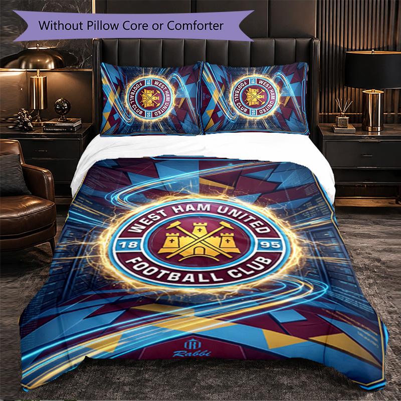 West Ham United Football 3 Piece Bedding Set Soft Duvet Cover Set with Pillowcases Printed Bedroom Decor Set for Home