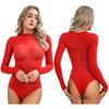 Women's Mesh Sheer Bodysuit Shapewear Long Sleeve Leotard High Cut Thong Jumpsuit Rompers
