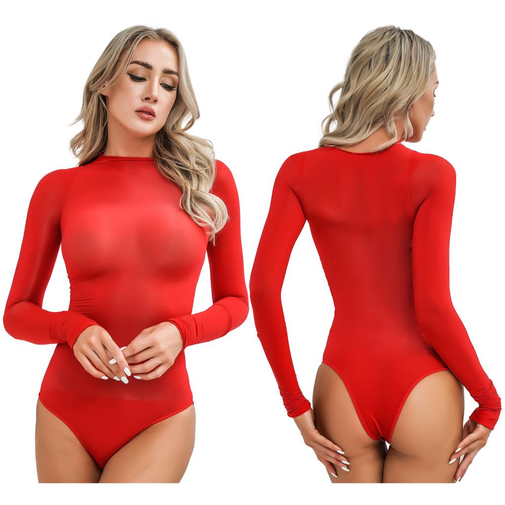 Women's Mesh Sheer Bodysuit Shapewear Long Sleeve Leotard High Cut Thong Jumpsuit Rompers