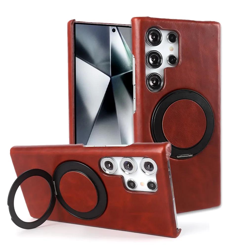 Luxury Genuine Leather Case For Samsung Galaxy S24 Ultra S23 S22 S21FE S20 Note20 S23FE Magnetic Ring Stand Bracket Phone Cases