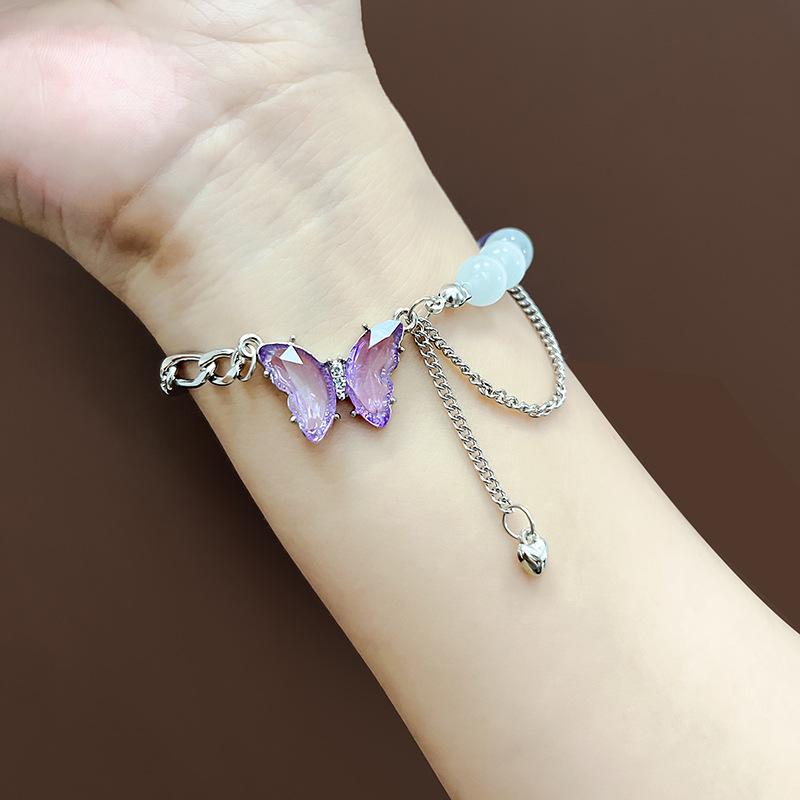 Fashion Trendy Handmade Purple Butterfly Pearl Chain Bracelet Beautiful Small Fresh Personality Bracelet Women