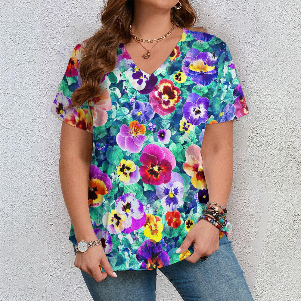 Women's Short Sleeve V Neck Tshirt Woman Fashions Loose Plus Size Clothing Colorful Flower Print Holidays T-Shirts Tops
