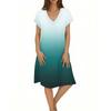 Ladies Casual Fashion V-neck Short Sleeve Gradient Print Mid-length Flowing Dress
