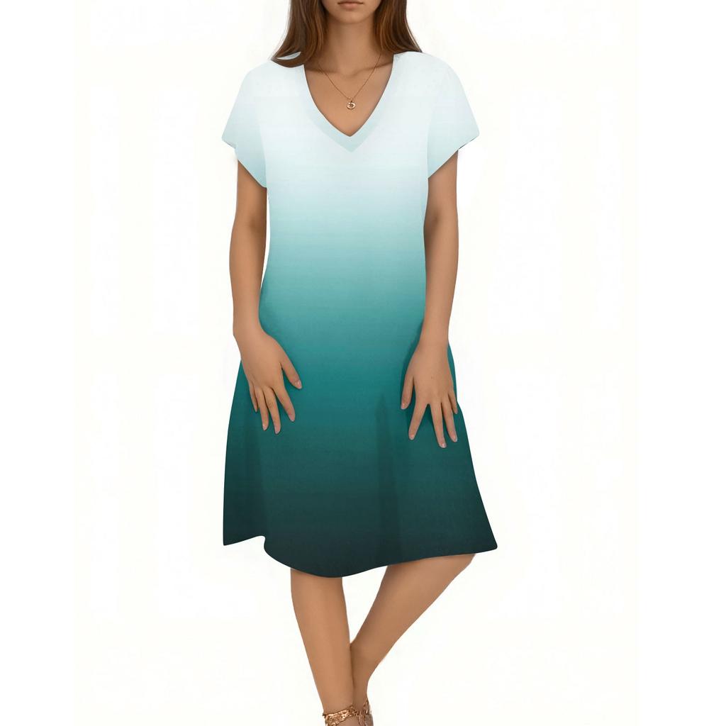 Ladies Casual Fashion V-neck Short Sleeve Gradient Print Mid-length Flowing Dress