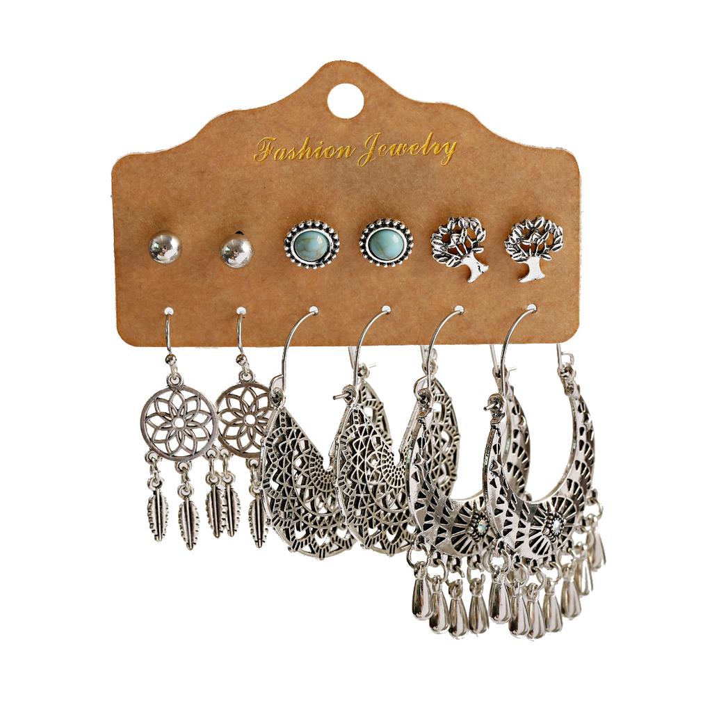 Antique Sliver-Plated Hollow Alloy Geometric Dangle Indian Earrings For Women Gypsy Zircon Boho Ethnic Leaf Bell Tassel Earring