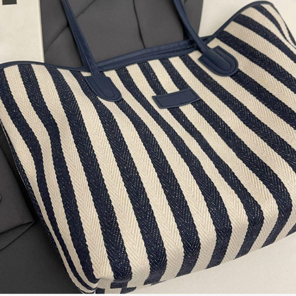 Zipper Shoulder Bag Korean Style Shopping Handbag Casual Stripe Canvas Tote Bag  Girls