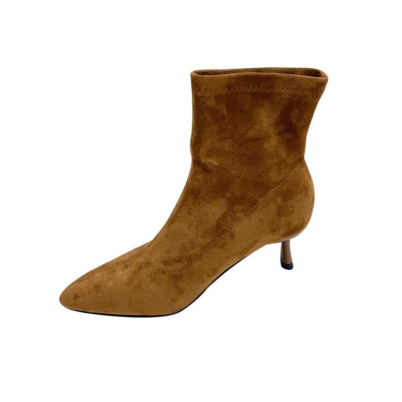 Осень-зима 2025, корейская версия, модные темпераментные ботильоны на высоком каблуке с острым носком, эластичные тонкие ботинки из замши, элегантные ботильоны на тонком каблуке для通勤 wo