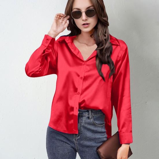 Женская рубашка с лацканами, длинным рукавом, из гладкого атласа, топы, однотонная, свободного кроя, повседневная рубашка, рубашка офисной леди, для повседневной носки