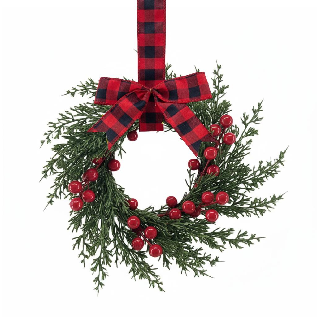 10 Inch Mini Christmas Wreaths Kitchen Cabinet Small Xmas Wreath with Bow Ribbon for Window Door Chair Fireplace Hanging Decor