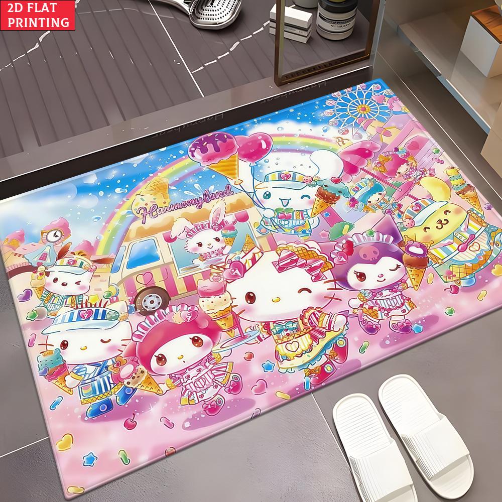 Kawaii Cute Ice Cream Cartoon Doormat, 2D Print Non-slip Floor Mat, Pink Rainbow Entrance Rug for Girls Bedroom Decor Gift