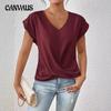 Женская новая весенне-летняя однотонная футболка с V-образным вырезом, элегантные топы с короткими рукавами