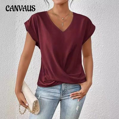 Женская новая весенне-летняя однотонная футболка с V-образным вырезом, элегантные топы с короткими рукавами