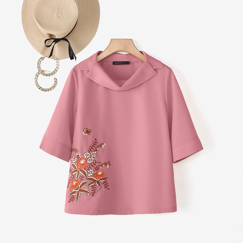 ZANZEA Женская повседневная блузка с высоким воротником, свободного кроя, с цветочной вышивкой, с рукавом три четверти, летняя