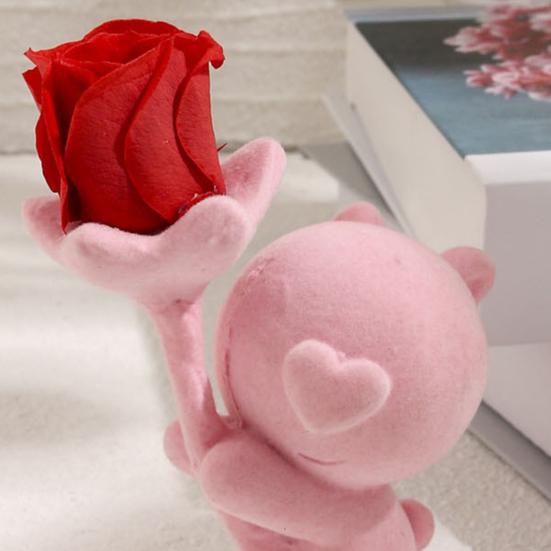 Valentines Day Bear Ornament with Preserved Rose Holding Eternal Flower Flocking Bear Decoration Wedding Anniversary Romantic Gift