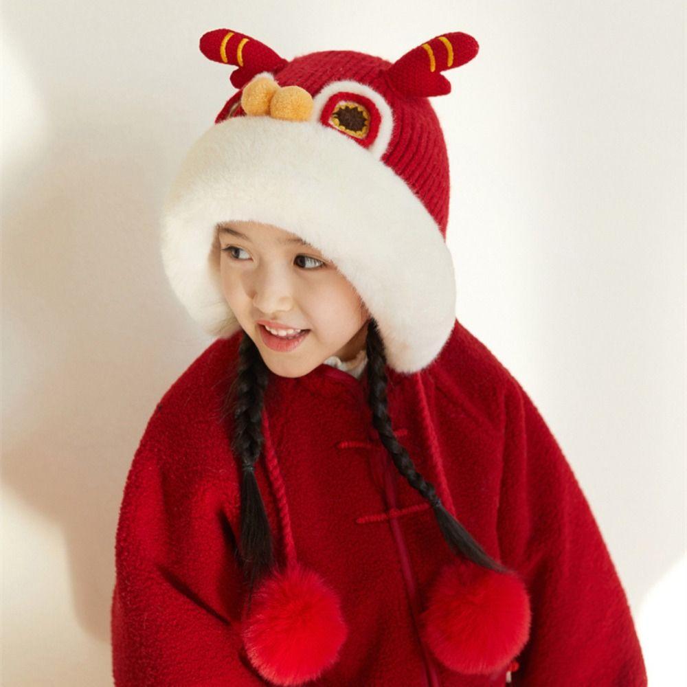 Hairball New Year Lion Cap Embroidery Cap Kids Beanie Cap Unique Children Fleece Hat Ear Protector
