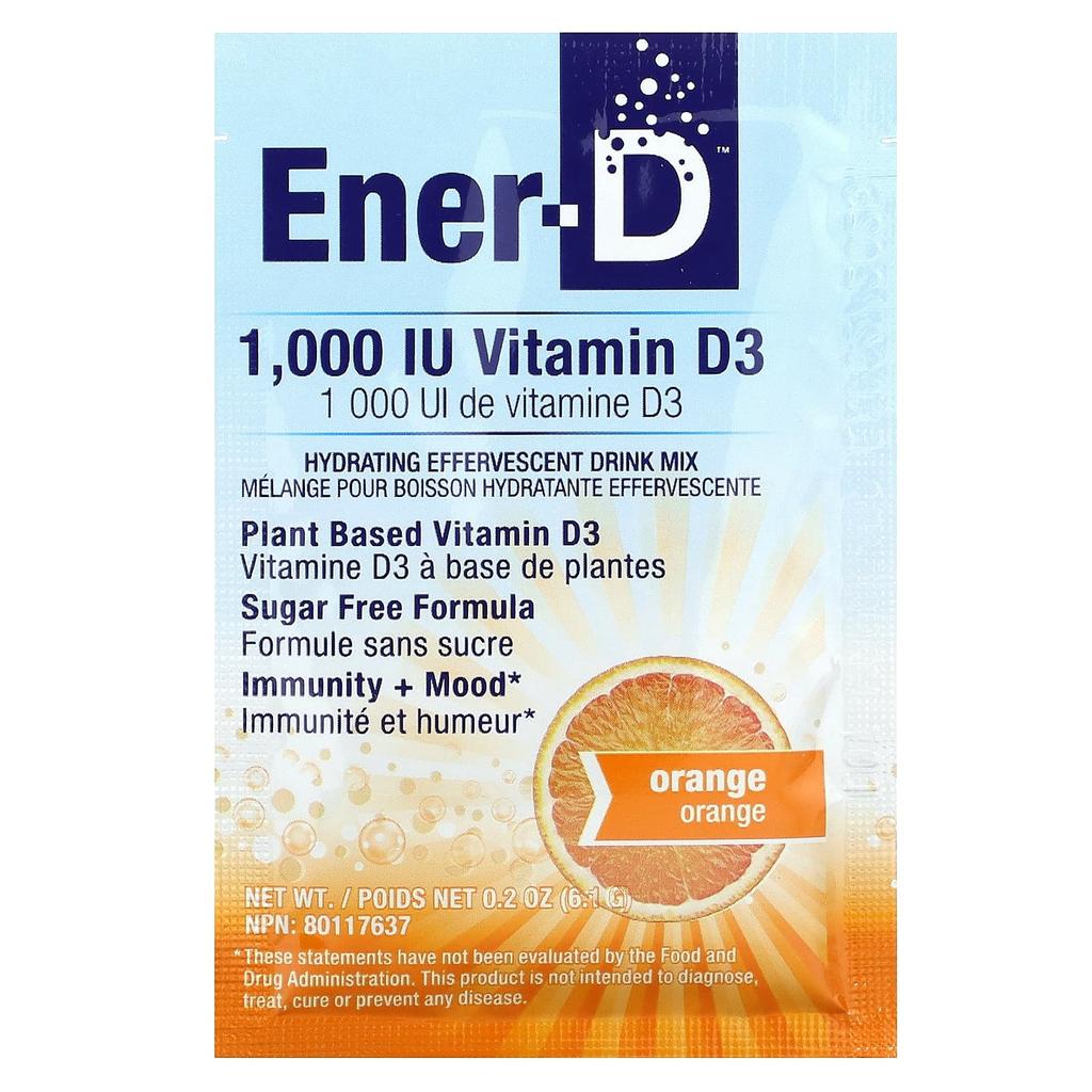 Ener-C, Ener-D, Vitamin D3, Hydration Effervescent Drink Mix, Sugar Free, Orange, 1,000Mg, 24 Pack