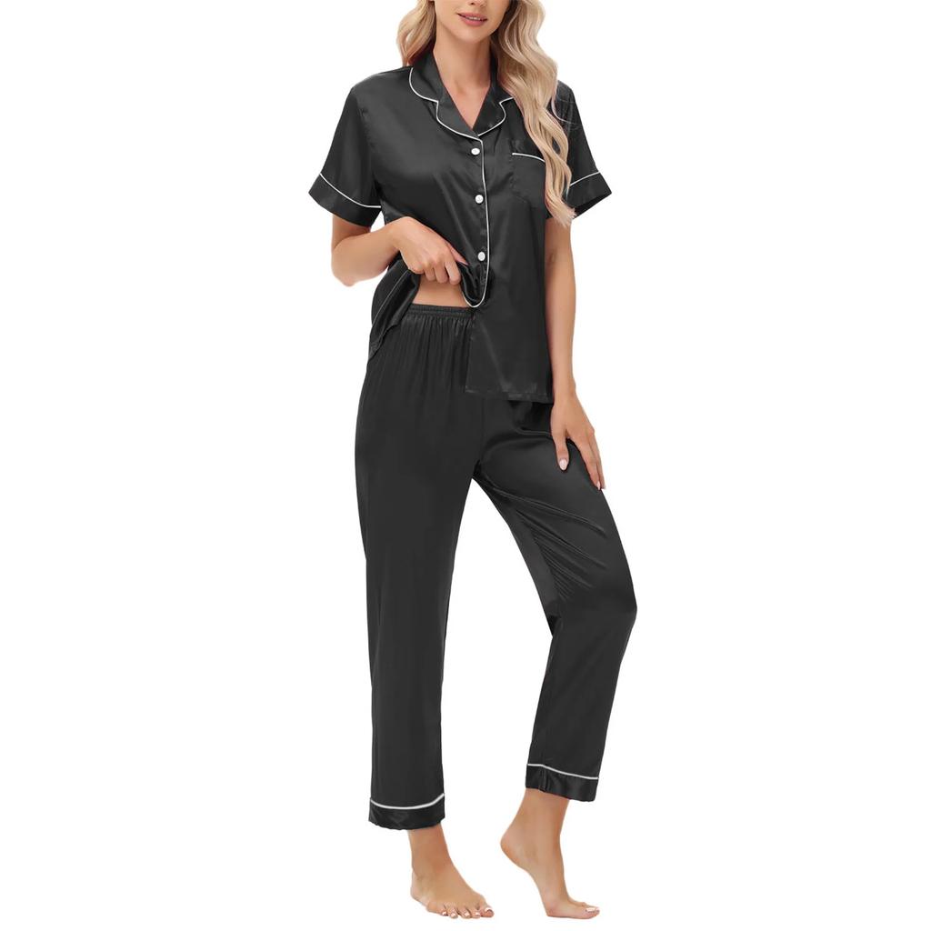 Ice Silk Pajamas Satin Suit Short-sleeved Trousers Plus Size Women's Home Wear