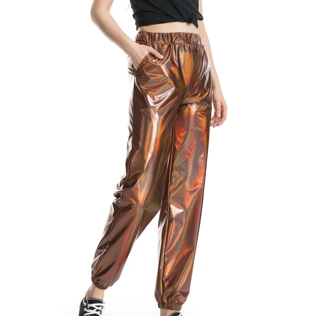 Женские блестящие брюки Эластичные спортивные брюки Свободные повседневные длинные брюки для отдыха Спортивные штаны Беговые штаны Эластичные леггинсы Вечеринка Дискотека Клубная одежда