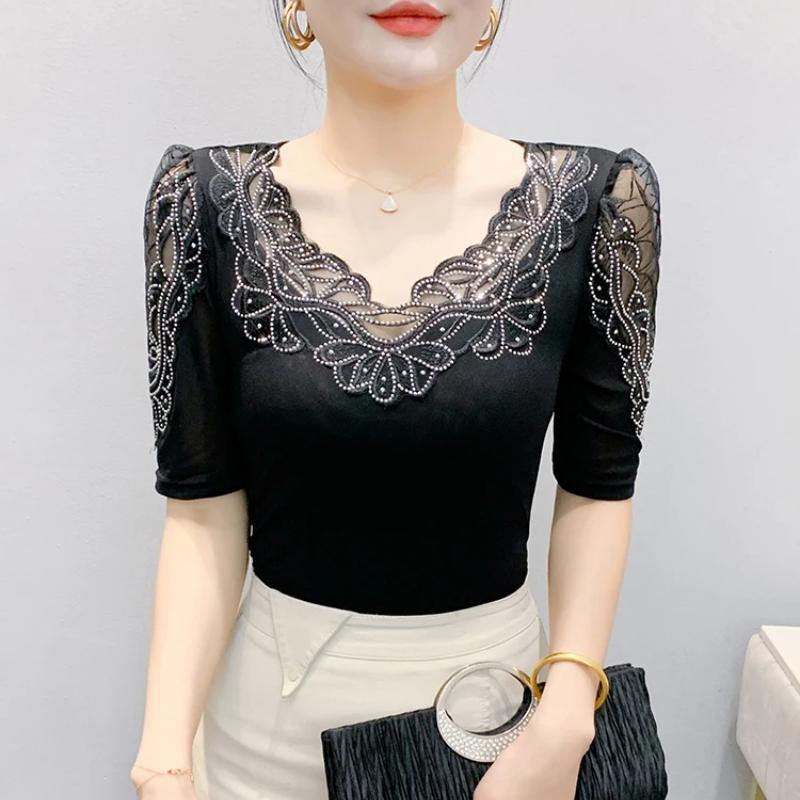 New Summer Luxury Shiny Hot Diamonds Women's Embroidery Flower T-Shirt Elegant V-Neck Lace Patchwork Tops Female Transparent Mid-Sleeve Tees