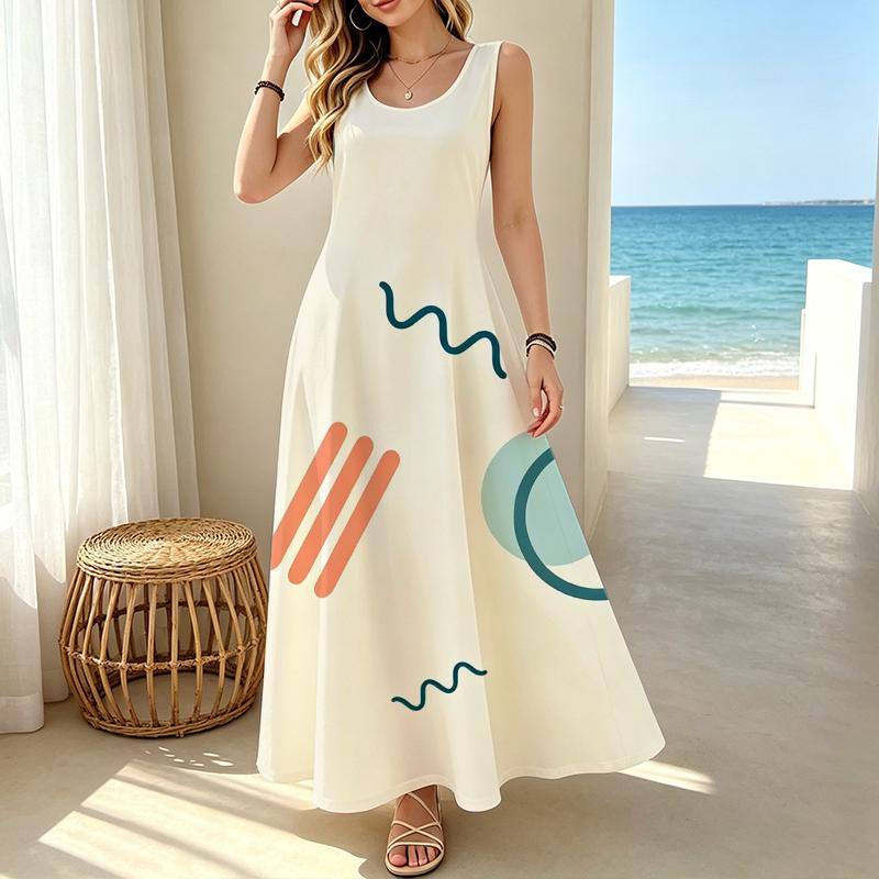 Women’s Longline Sleeveless Vacation Dress Loose Lightweight Breathable Simple Geometric Design,Versatile for Beach & Daily Casual Outings