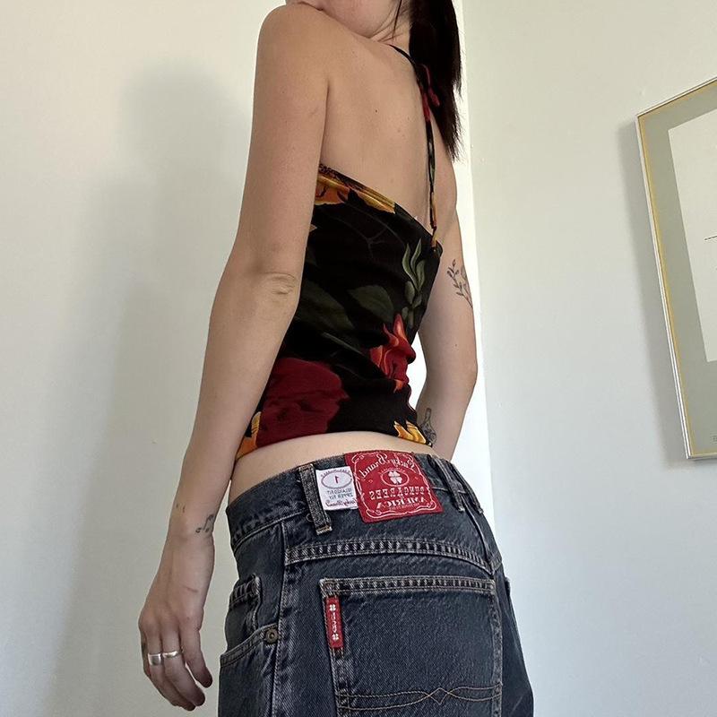 Personalized ethnic style fashion flower print slim fit neck sling vest Spice girl sexy backless hollow top