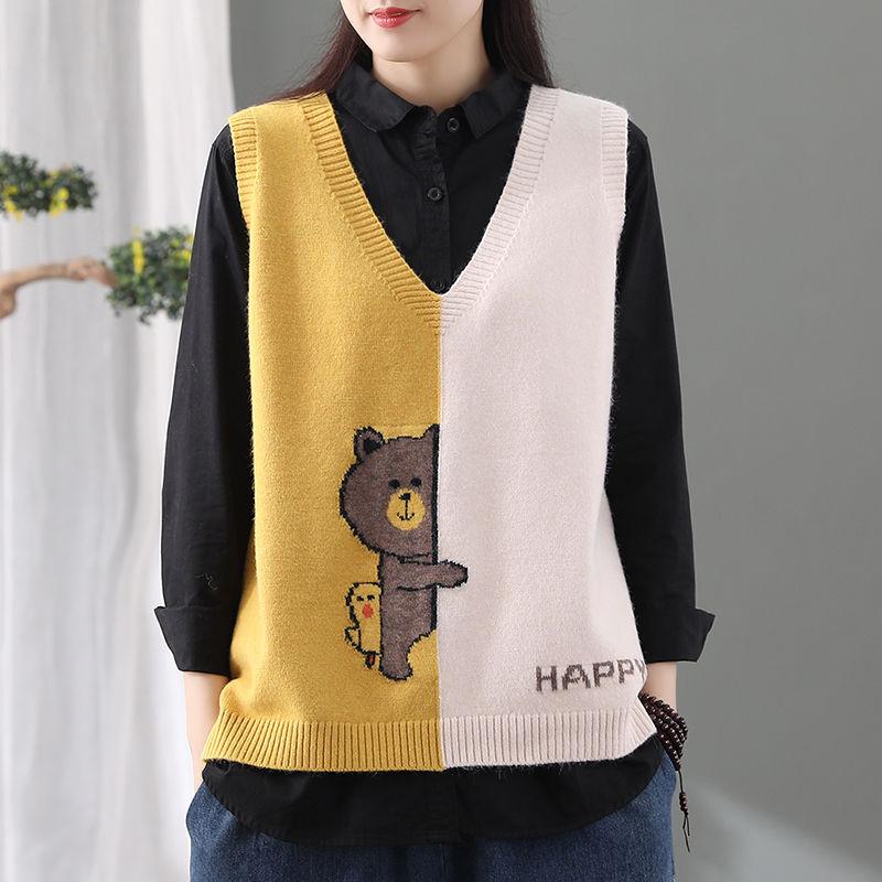 Весенне-осенний женский новый стильный вязаный жилет в стиле ретро с медведем, женский свободный повседневный свитер с v-образным вырезом и топом