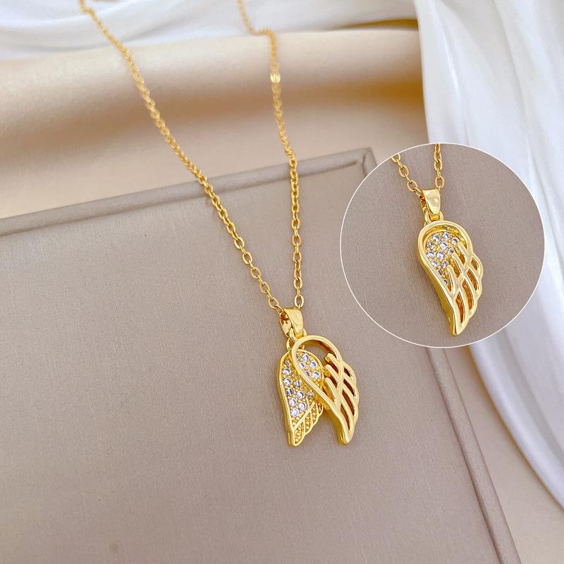 DIEYURO 316L Stainless Steel Golden Hollow Out Wings Feather Necklace For Women New Trend Clavicle Chain Jewelry Holiday Gift