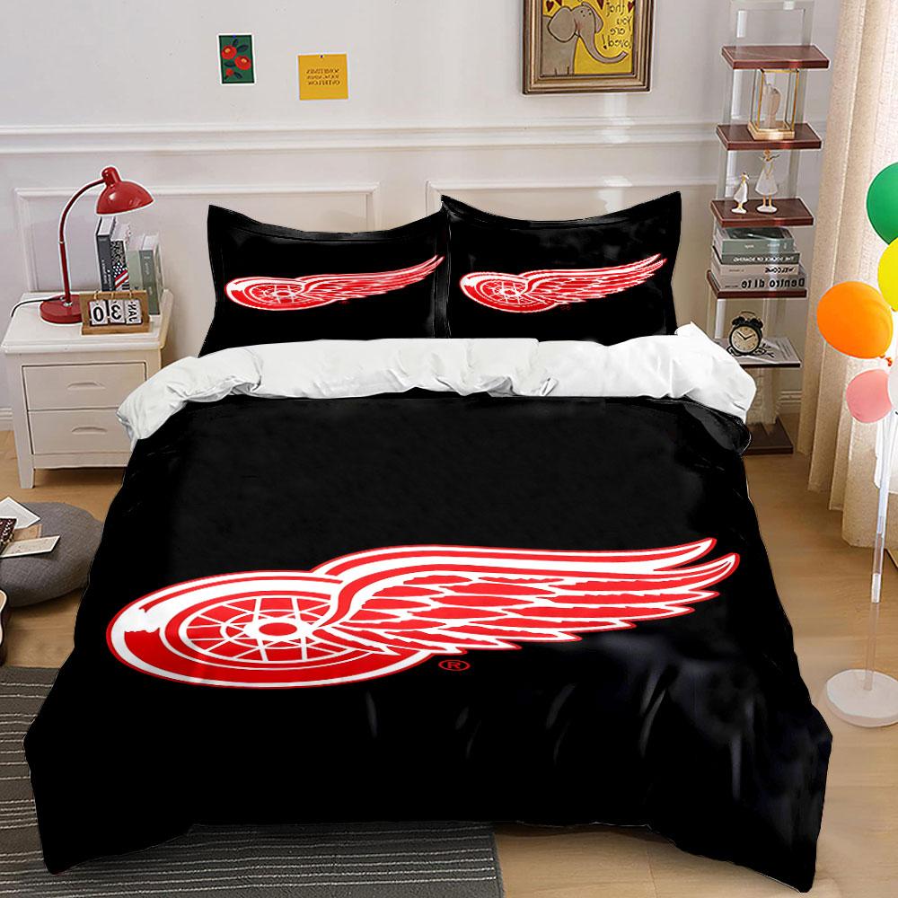 Red Winged Wheel Logo on Black Background Print Bedding Set Duvet Cover Pillowcases (1* Duvet Cover 2* Pillowcases Do Not Include Comforter)