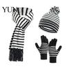 Children Elastic Ribbed Gloves 1 Set Winter Hat Scarf for Kids, Fleece Lined Striped Knit with Gift Little Kids Pom Pom, Cozy Toddlers Boys Girls Age