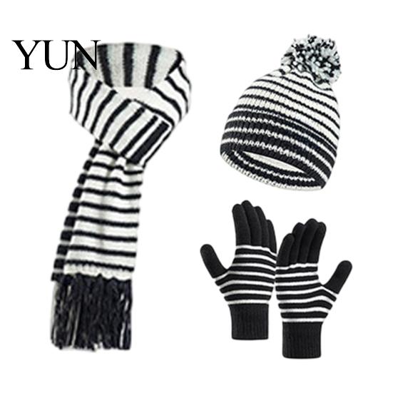 Children Elastic Ribbed Gloves 1 Set Winter Hat Scarf for Kids, Fleece Lined Striped Knit with Gift Little Kids Pom Pom, Cozy Toddlers Boys Girls Age