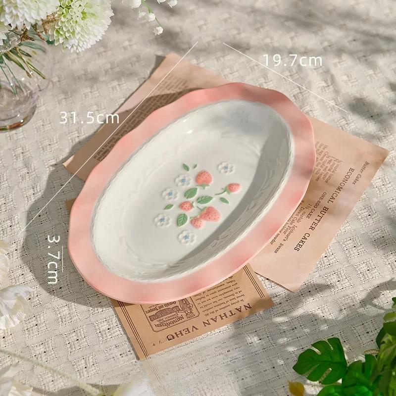 Cute Pink Strawberry Hand-painted Underglaze Ceramic Tableware Household Soup Bowl and Dish Set Dinner Plates