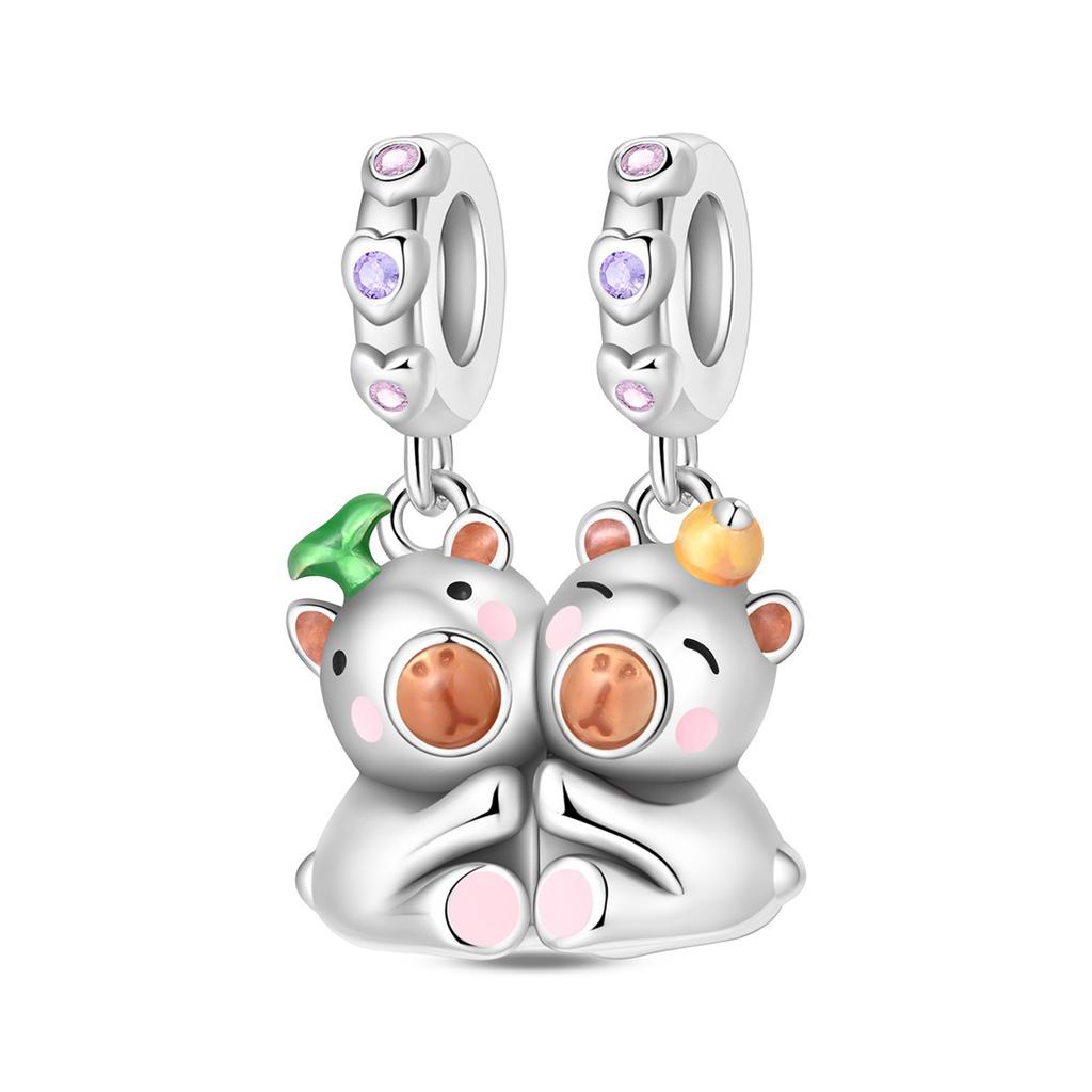 S925 Silver DIY Couple Bracelet Necklace Accessories Heart Holding Hands Cat Dog Charm Pendant Bead Jewelry Set