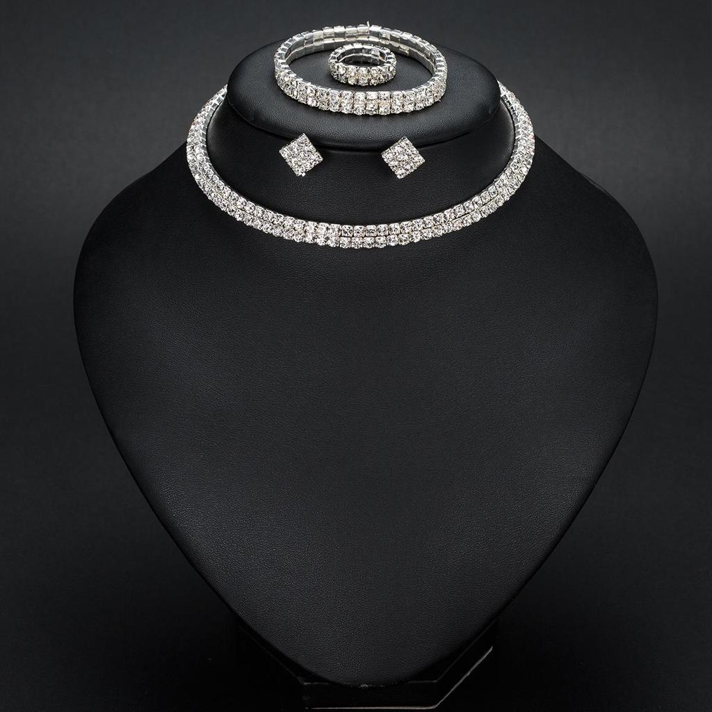 Европейский и американский набор модной бижутерии: Полый чокер с бриллиантами, серьги, кольцо, браслет - N387