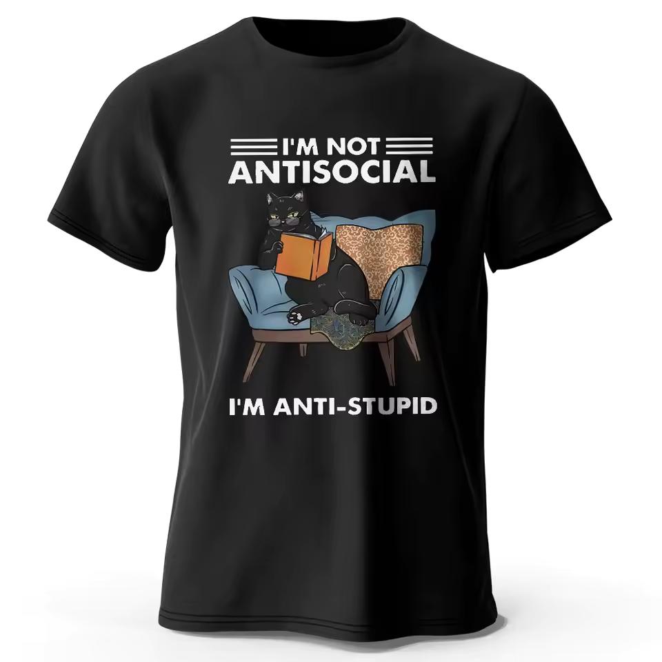 Men's I Am Not Anti Social Printed T shirt 100% Cotton Oversized Funny Cat Graphic Tees for Men Women Summer Tops
