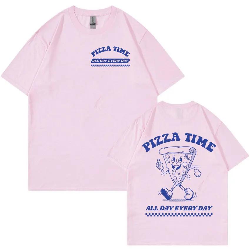 Large Cotton Men's Clothing Pizza Time All Day Meme Printed Fun Cartoon Retro Harajuku Tee Casual Fashion Short Sleeved T-shirt
