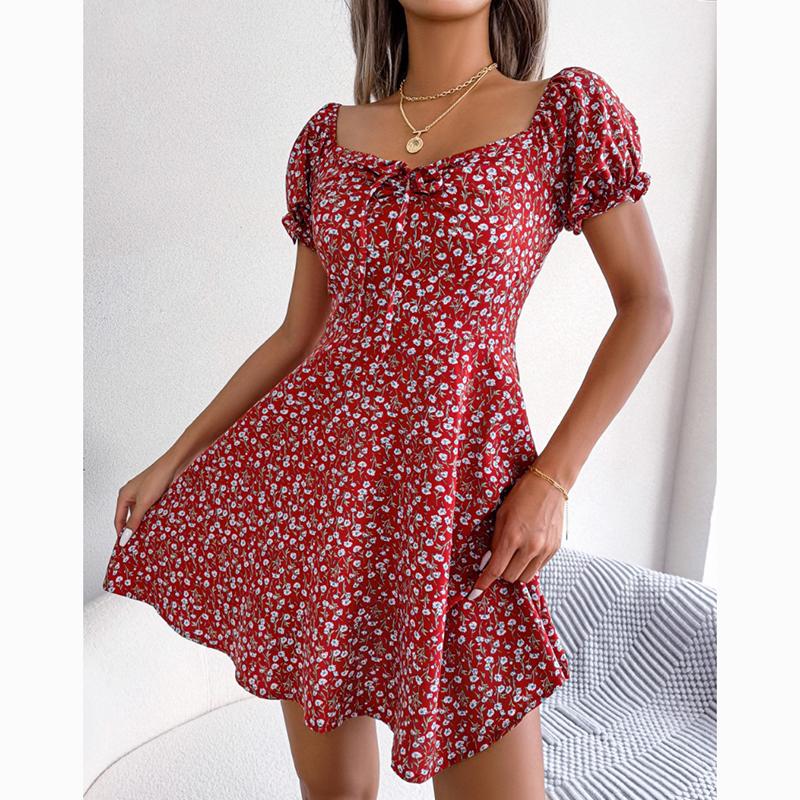 Летнее повседневное сексуальное платье с расклешенными рукавами, женское короткое платье на шнуровке со шнуровкой и цветочным принтом, женские элегантные винтажные тонкие платья трапециевидной формы 24115